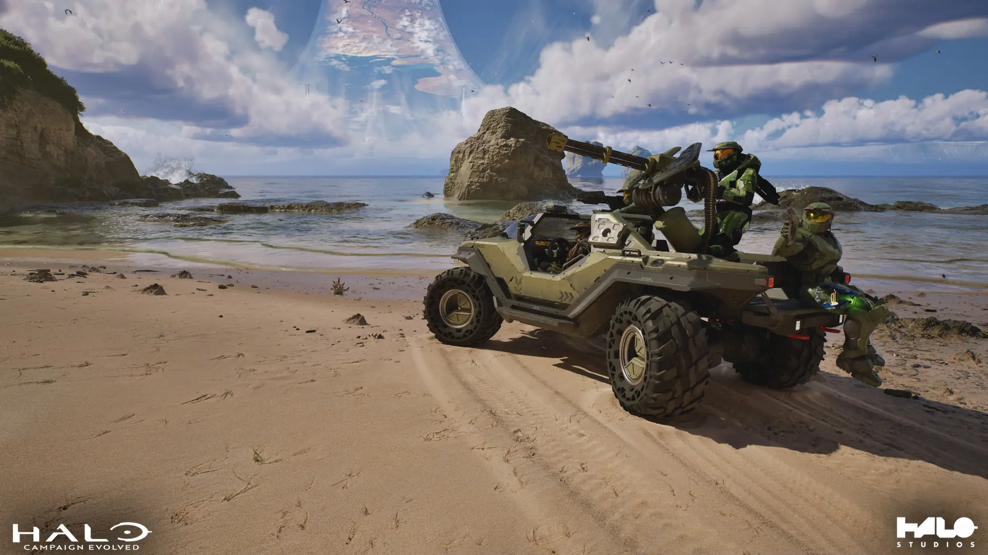 A campaign fireteam rides a Warthog along the Silent Cartographer shoreline.