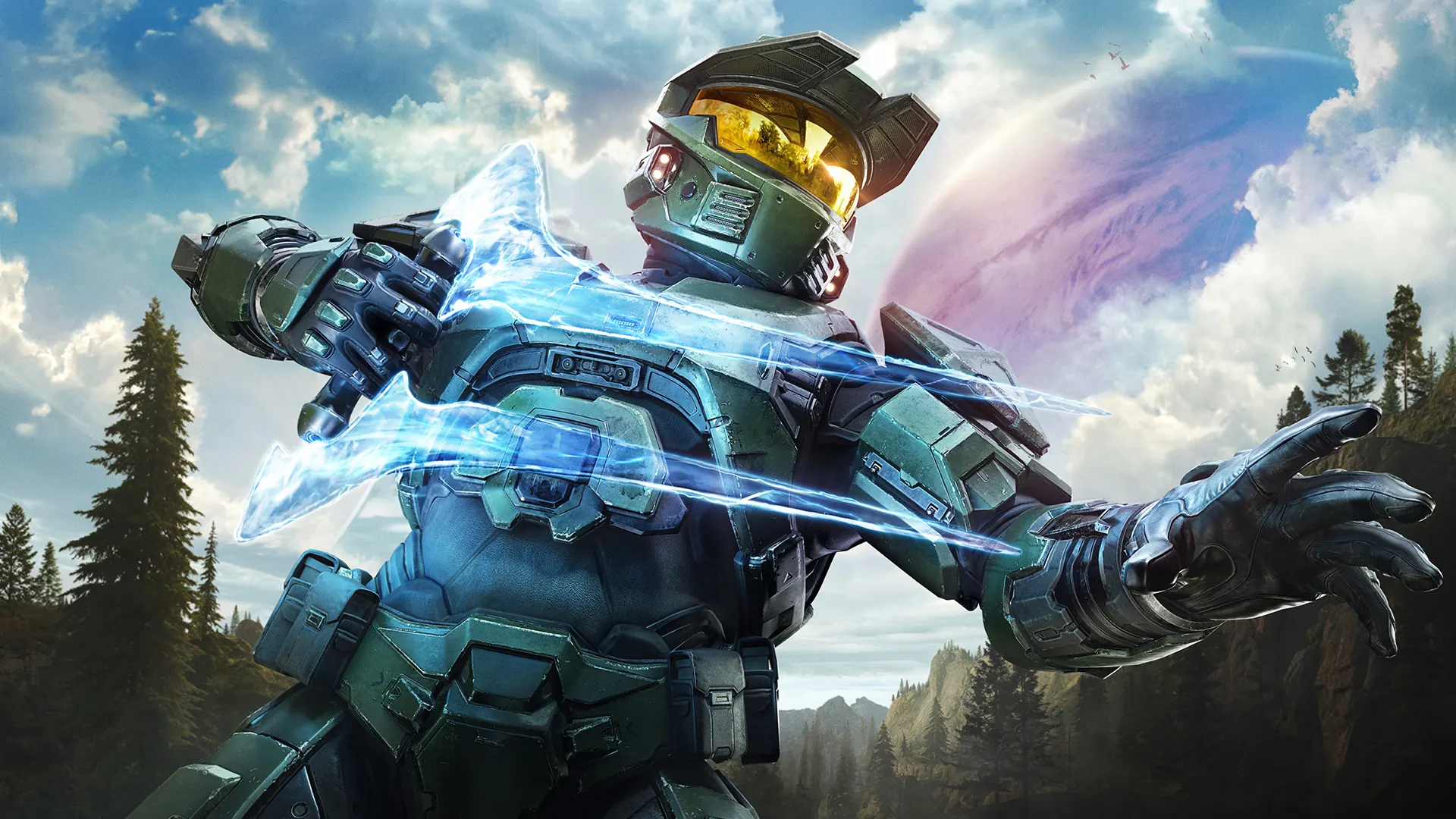 Master Chief holds an Energy Sword against a bright ringworld landscape.