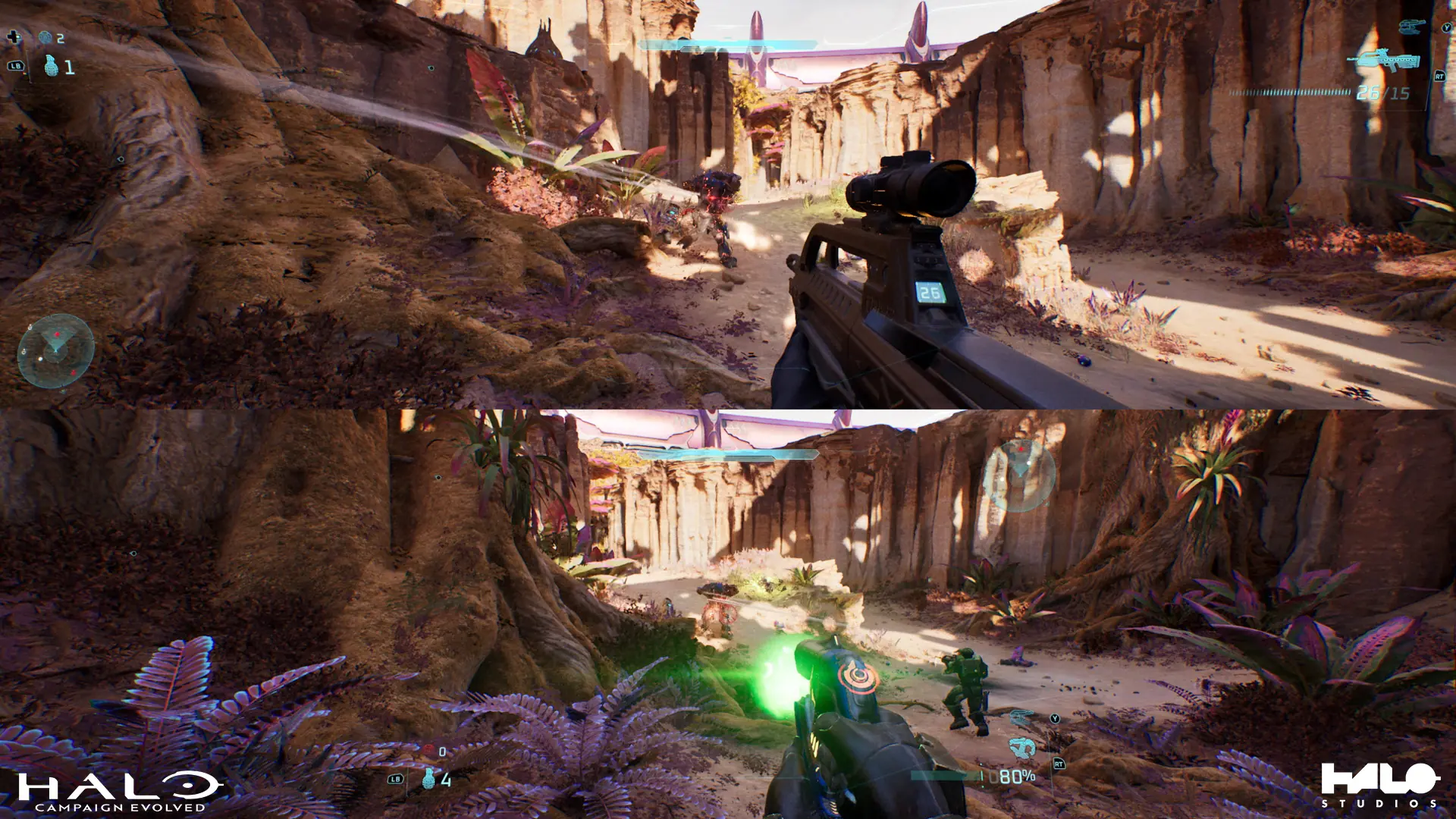 Two-player split-screen campaign gameplay in a Forerunner canyon.